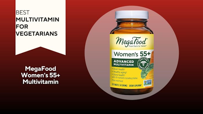A red and black background with a white banner that reads Best Multivitamin for Vegetarians beside a bottle of MegaFood Women's 55+ Multivitamins